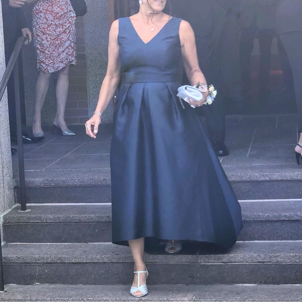 ALFRED SUNG Navy Blue Gown Dress, full length, sleeveless, pockets, dip hem